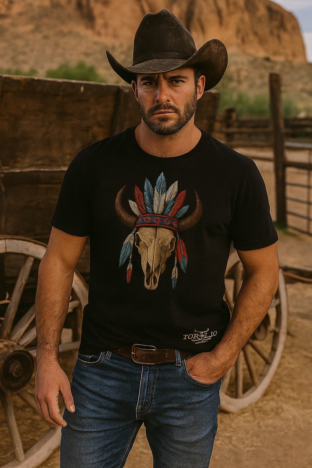 Playera Vaquera Cráneo y Plumas